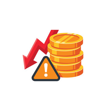 Economic Crisis and Financial Risk Illustration: Stack of Gold Coins with Red Downward Arrow and Warning Sign Symbolizing Market Crash, Inflation, and Investment Loss