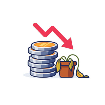 Financial Recession and Market Loss Concept Illustration with Falling Red Arrow, Stack of Coins, and Wilted Plant