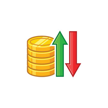 Gold Coin Stack with Up and Down Arrows Representing Financial Market Volatility, Profit and Loss, and Investment Trading Concept - Isolated Vector Illustration