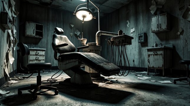 Abandoned dental clinic with old chair, medical tools in dark room. Dilapidated examination room shows peeling walls, messy floor. Eerie atmosphere in neglected dentist office with outdated