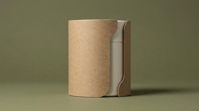 Cylindrical product packaging with a kraft paper sleeve over a light-colored tube, presented against a muted green background