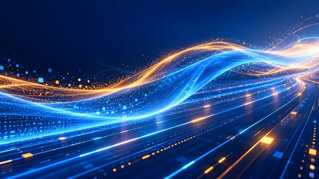 Futuristic glowing data highway with luminous light trails representing high speed internet transfer and digital network communications