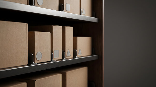 Modern automated storage facility implementing bopis system with organized brown cardboard boxes on shelves