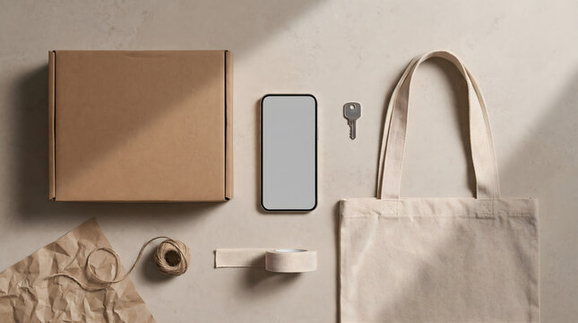 Minimalist bopis retail flat lay with eco friendly cardboard box, canvas tote bag, and smartphone mockup