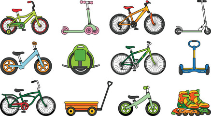 Kids personal mobility riding vehicles vector set featuring bicycles kick scooters roller skates and toy wagon © joy