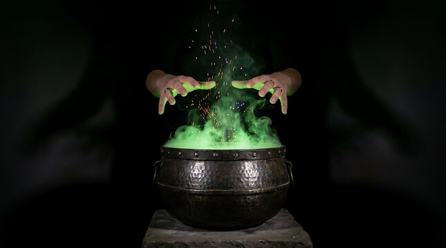Witch hands casting magic spell over bubbling green potion in iron cauldron for halloween celebration