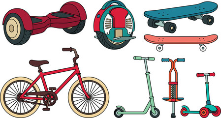 Personal urban mobility devices vector set featuring hoverboard unicycle skateboards bicycle kick scooters pogo stick © joy