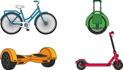 Personal urban mobility vehicles vector set featuring bicycle electric unicycle hoverboard and kick scooter object © joy
