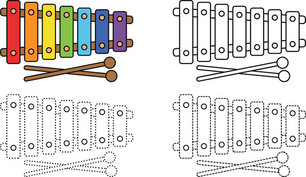 Rainbow xylophone coloring page and dot to dot tracing lines activity game worksheet for kids