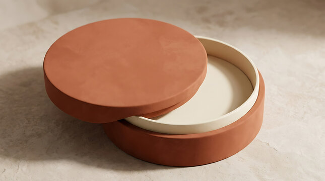 Terracotta round container with a slightly ajar lid revealing a cream-colored interior, placed on a textured light gray surface