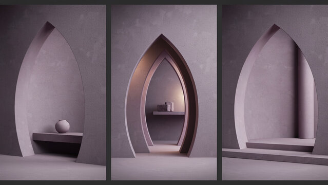 A triptych showing minimalist interior spaces with pointed gothic arches, smooth grey walls, a small spherical vase, and a floating wall shelf unit
