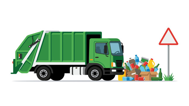 Vector illustration of a green garbage truck parked next to a large pile of sorted recyclables including plastic bottles, aluminum cans, and glass jars on a white background.
