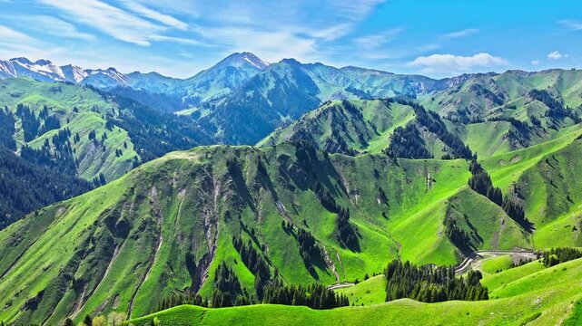 Aerial view of vibrant green mountain ridges and rolling alpine pastures during summer in Xinjiang, China