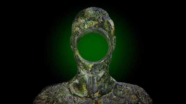 Abstract 3D surreal metallic skull humanoid with a circular void in the face emitting glowing green smoke against a dark black background