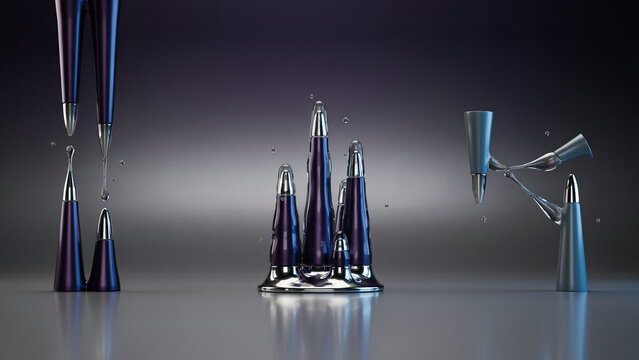 Abstract composition of purple and silver conical shapes with liquid droplets and metallic stands, arranged on a smooth reflective gray surface