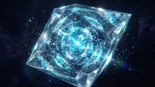 Futuristic glowing blue crystal cube in deep space, cosmic energy core with sparkling diamond facets, sci-fi geometric power crystal asset for game development and concept art background