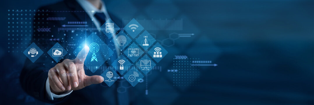 Network technician hand touch Telecommunications and signal network stability. This maintains clear vocal and data transmission, linking users through robust modern infrastructure systems.