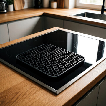 Black silicone honeycomb trivet sits on modern induction cooktop in stylish kitchen. Heat resistant mat protects glass hob surface. Minimalist kitchen interior with wooden countertop, grey cabinets.