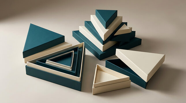 Arrangement of teal and cream triangular boxes stacked and nested in various sizes on a light gray surface, creating a geometric pattern