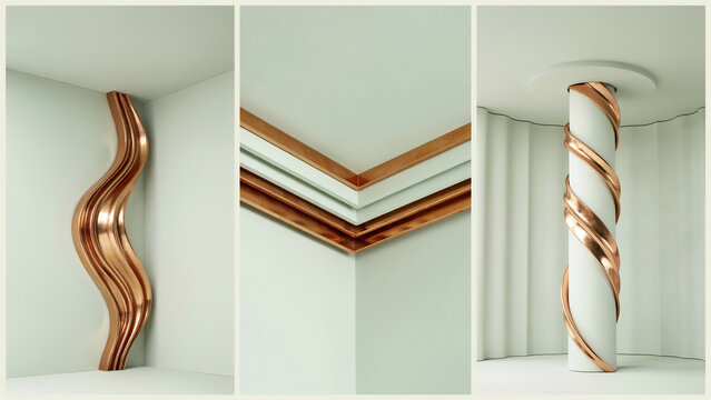 Architectural interior details featuring white walls with copper metal accents in wavy, stepped, and spiral column shapes in a bright room