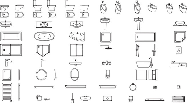 Collection of bathroom plumbing fixtures and sanitary ware line art icons for architectural floor plans isolated on transparent background