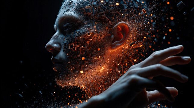 Human face profile dissolves into orange glowing sparks, digital circuit fragments. Cybernetic person disintegrates via tech data particles on black background. Concept of AI intelligence, virtual