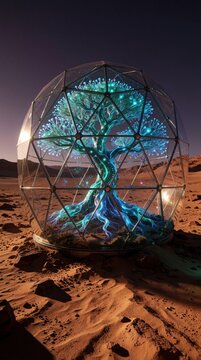 Futuristic bioluminescent tree grows inside glass dome on Mars planet. Glowing blue plant lives in transparent geodesic greenhouse amidst red desert landscape. Sci-fi concept shows sustainable tech,