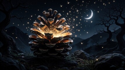 Fototapeta premium Surreal giant pine cone opens at night in dark forest. Glowing fireflies fly out like stars under crescent moon. Magical light sparkles from botanical seed pod in mysterious wilderness. Fantasy