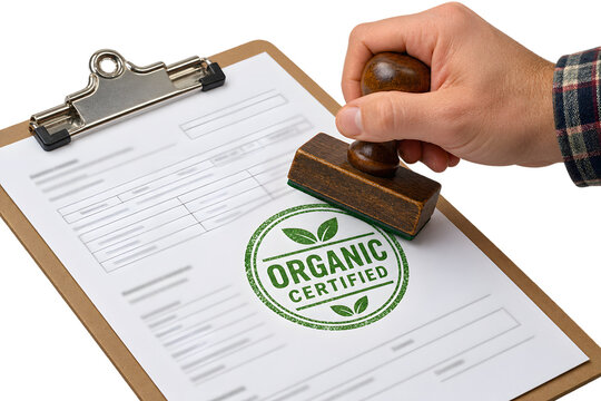 Organic certified stamp on paper document, hand stamping clipboard with green certification seal, quality assurance for eco-friendly products isolated PNG with Transparent Background
