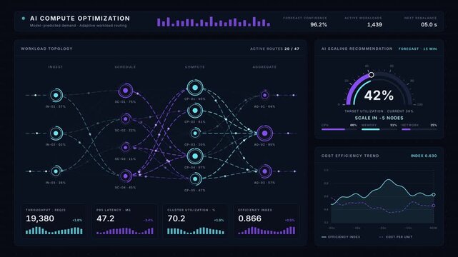 Digital dashboard interface showing cloud computing network topology