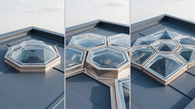 Geometric glass skylights with hexagonal frames installed on a dark grey metal roof under a bright sky, showcasing modular architectural