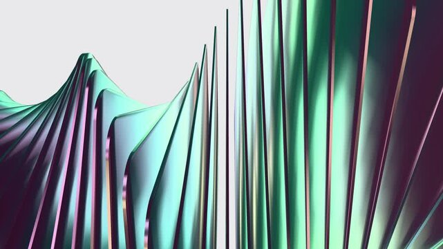 Iridescent metallic plates twisting in a flowing wave on white