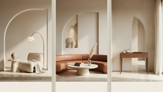 Interior triptych featuring arched wall niches, a curved leather sofa, a round stone coffee table, and a wooden console table in beige tones