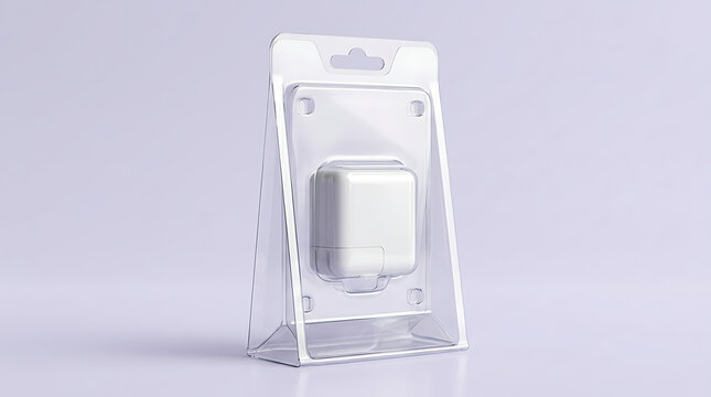 White electronic device charger in clear plastic clamshell packaging with hanging tab, presented on a light purple background