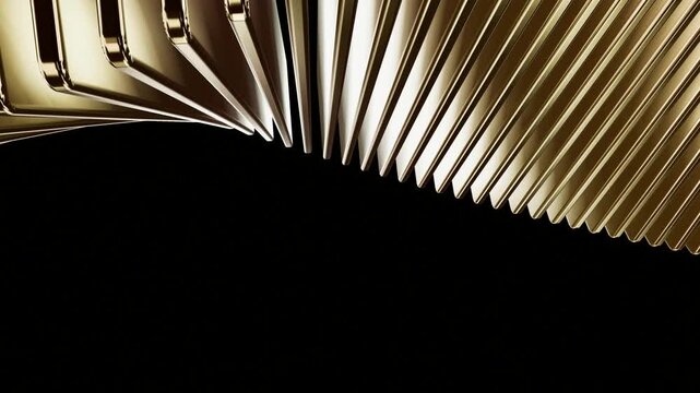 Golden metallic plates twisting in a flowing wave on black