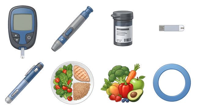 Diabetes management icons set including blood glucose meter, insulin pen, healthy food, and medication isolated on transparent background