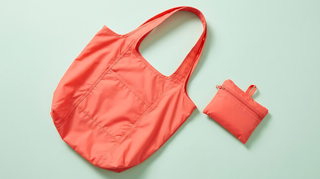 Coral pink foldable shopping bag with a front pocket and a small, matching zippered pouch, laid flat on a light blue-green background