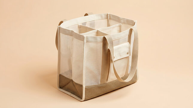 Beige canvas tote bag with four internal compartments, two external pockets, and a mesh bottom, featuring tan straps and a neutral background, organization