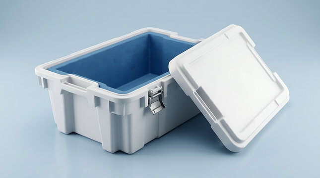 White insulated storage container with blue interior and open lid, durable plastic crate for transport and cold chain logistics, medical or food container on a light blue background