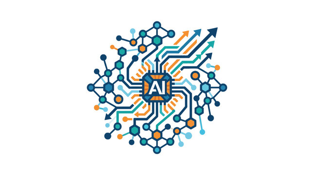 Artificial intelligence chip with circuit network and growth arrow.