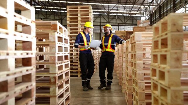 Two industrial workers in safety gear review production plans while inspecting rows of wooden crates and pallets inside a busy manufacturing facility.