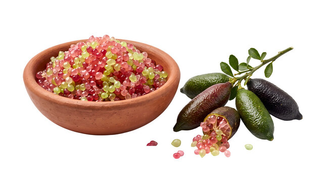 Fresh finger lime pearls in a rustic clay bowl with whole citrus fruits on a black background