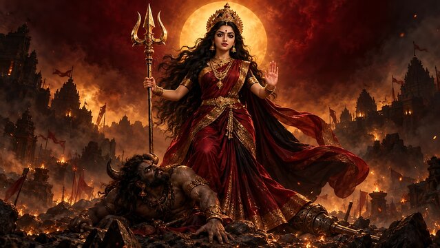 Goddess durga standing victorious over defeated demon mahishasura with trident on dramatic burning battlefield vector illustration banner artwork
