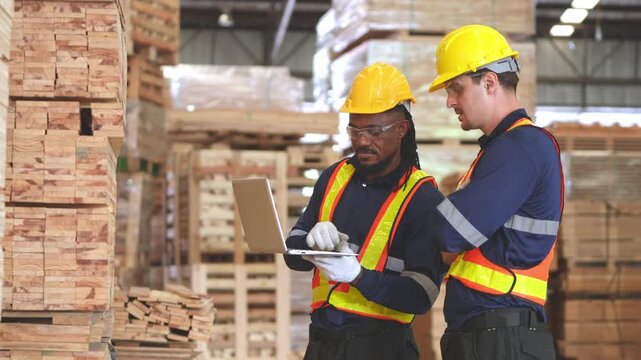 Two industrial workers in safety gear use a laptop to inspect stacked lumber and manage quality control inside a busy wood manufacturing facility.