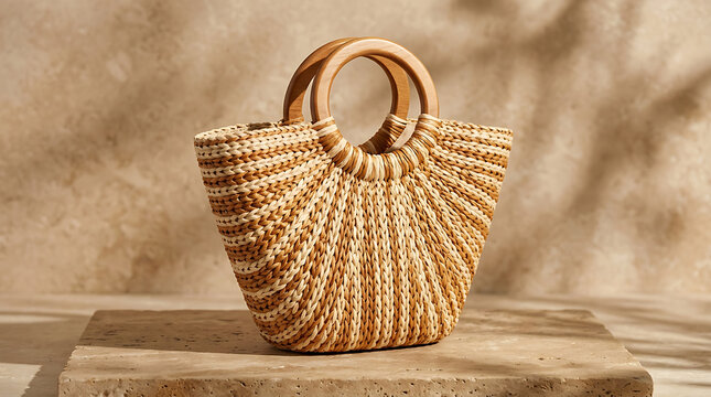 A woven straw tote bag with curved wooden handles, displayed on a textured stone surface with soft sunlight and shadow patterns, evoking a summer or beach vibe