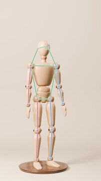 Pose estimation keypoints and skeleton following a wooden mannequin as it squats and reaches up, vertical video