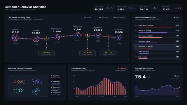 Digital customer behavior analytics dashboard showing user journey
