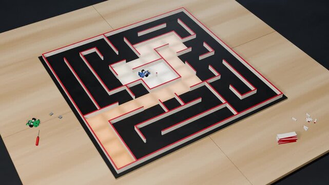 Maze solving robot driving the shortest route through a walled maze while its path lights up behind it, loop