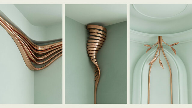 Three architectural corner details featuring metallic copper accents, including layered curves, a spiral column, and a decorative leaf-like wall mount