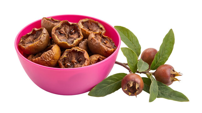 Fresh ripe medlar fruits in a pink bowl with a small branch and green leaves isolated on black